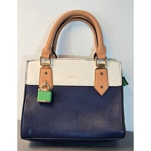 ALDO Colorblock Satchel Tote Handbag Navy White Beige Green Medium Purse